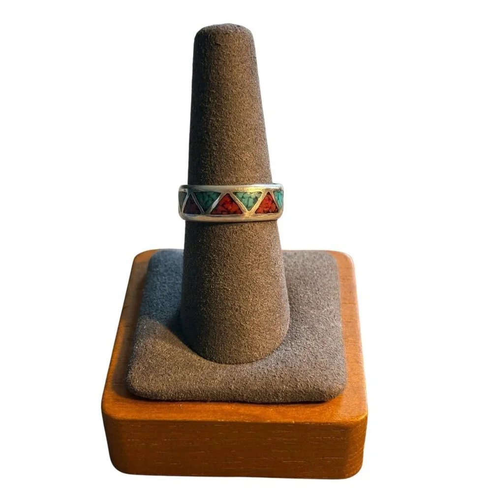 Navajo Chip Inlay Ring 925 Silver Turquoise‎ & Coral Ted Ott Size 7.5 Vintage